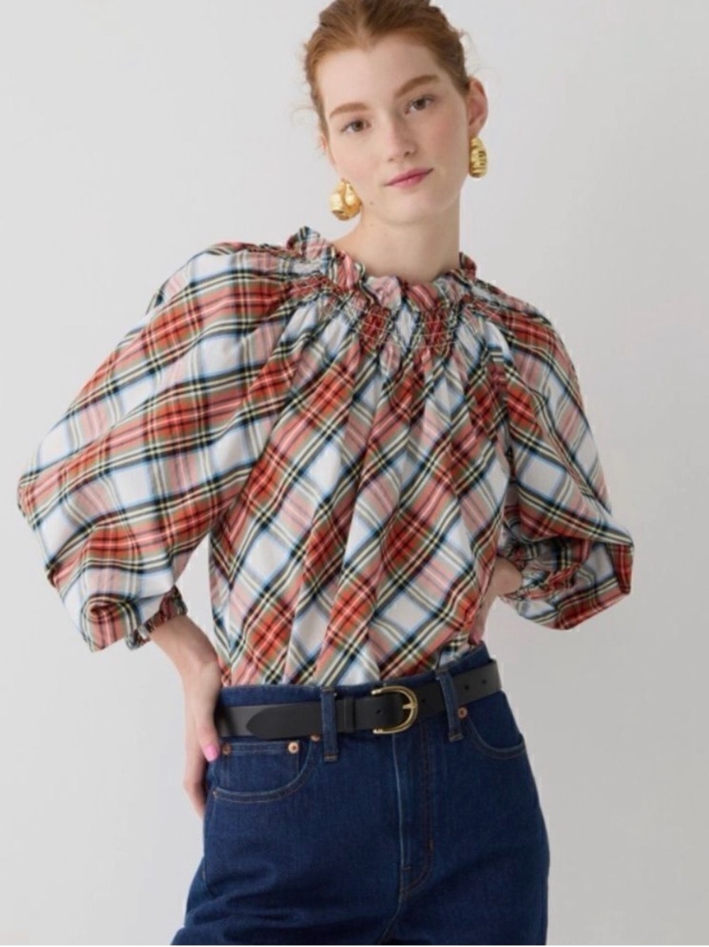 J Crew  Pretty Snowy Tartan Plaid Smocked-Neck Popover Top size xs